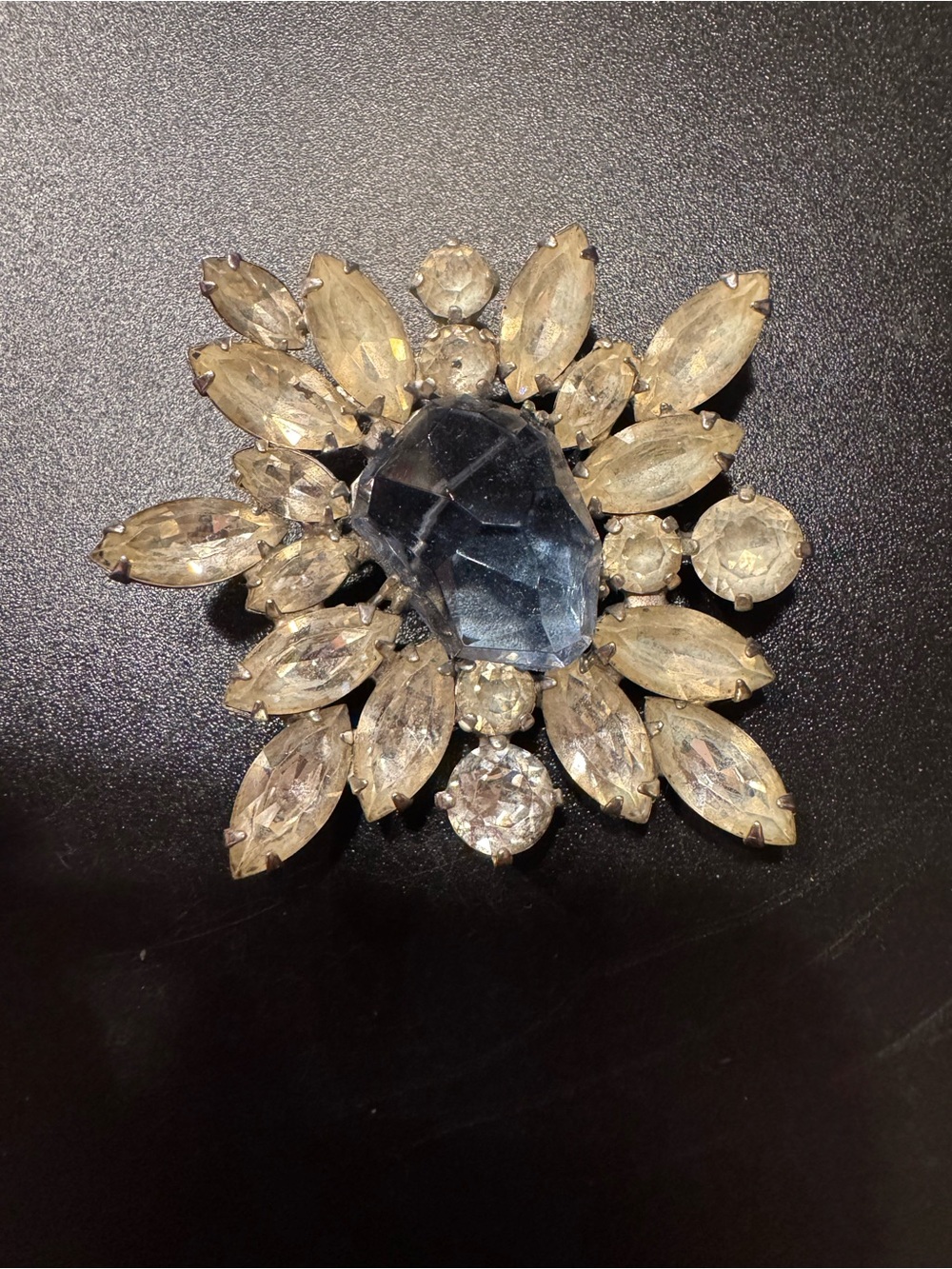 Weiss Blue Center and Champagne Crystal Floral Brooch